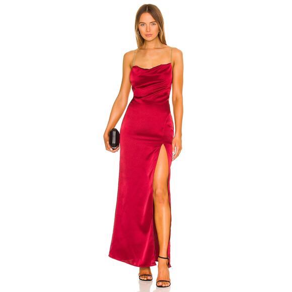 NBD Dresses & Skirts - NBD Alessi Gown Satin Ruched Cowl Neck Chain Straps Side Slit Burgundy Size XS